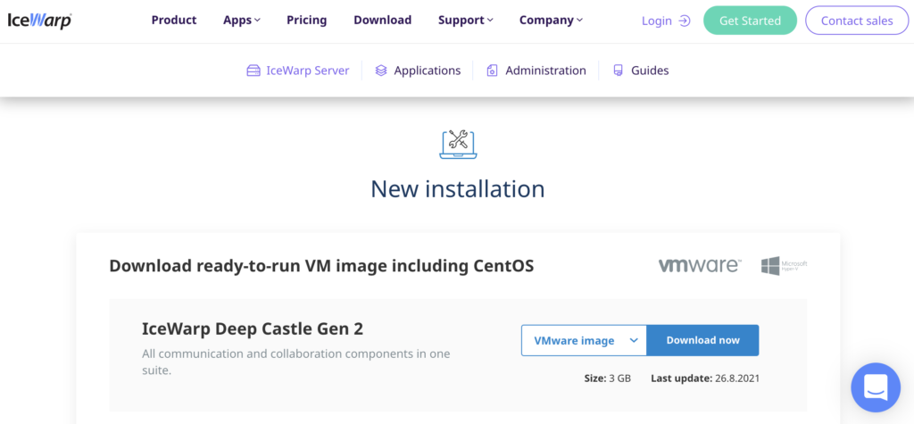 Уебсайт на IceWarp с раздел за инсталация и връзки за изтегляне