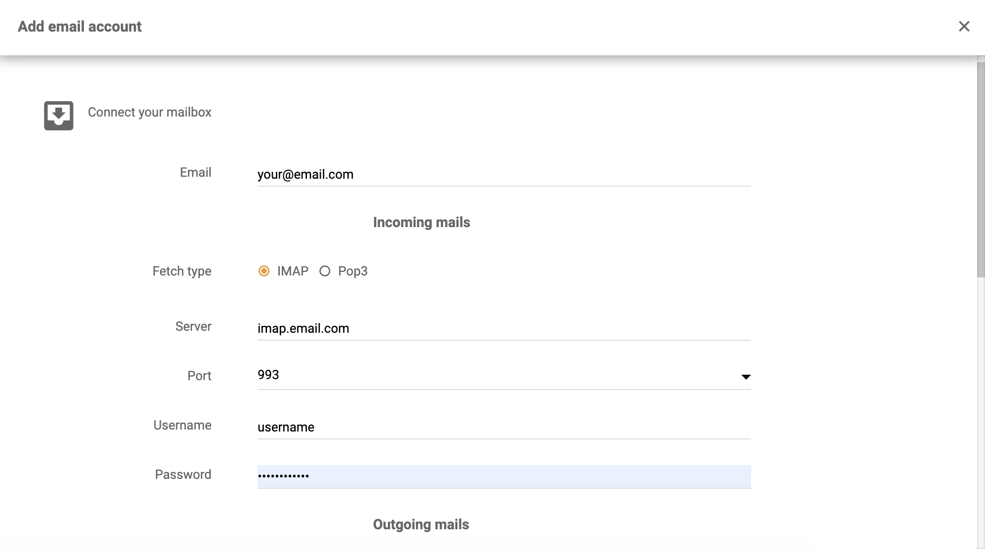 Детайли на IceWarp в конфигурацията на интеграцията на LiveAgent