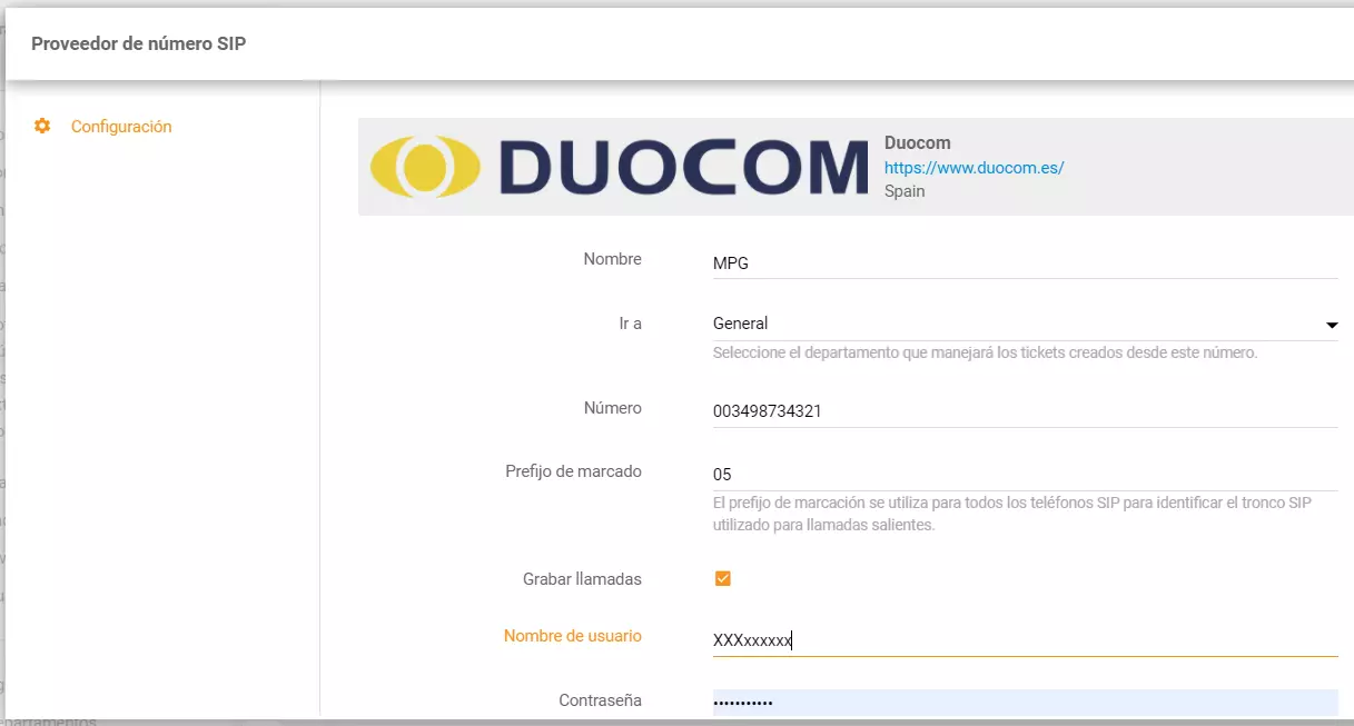 Конфигурирайте телефонния номер на Duocom в LiveAgent