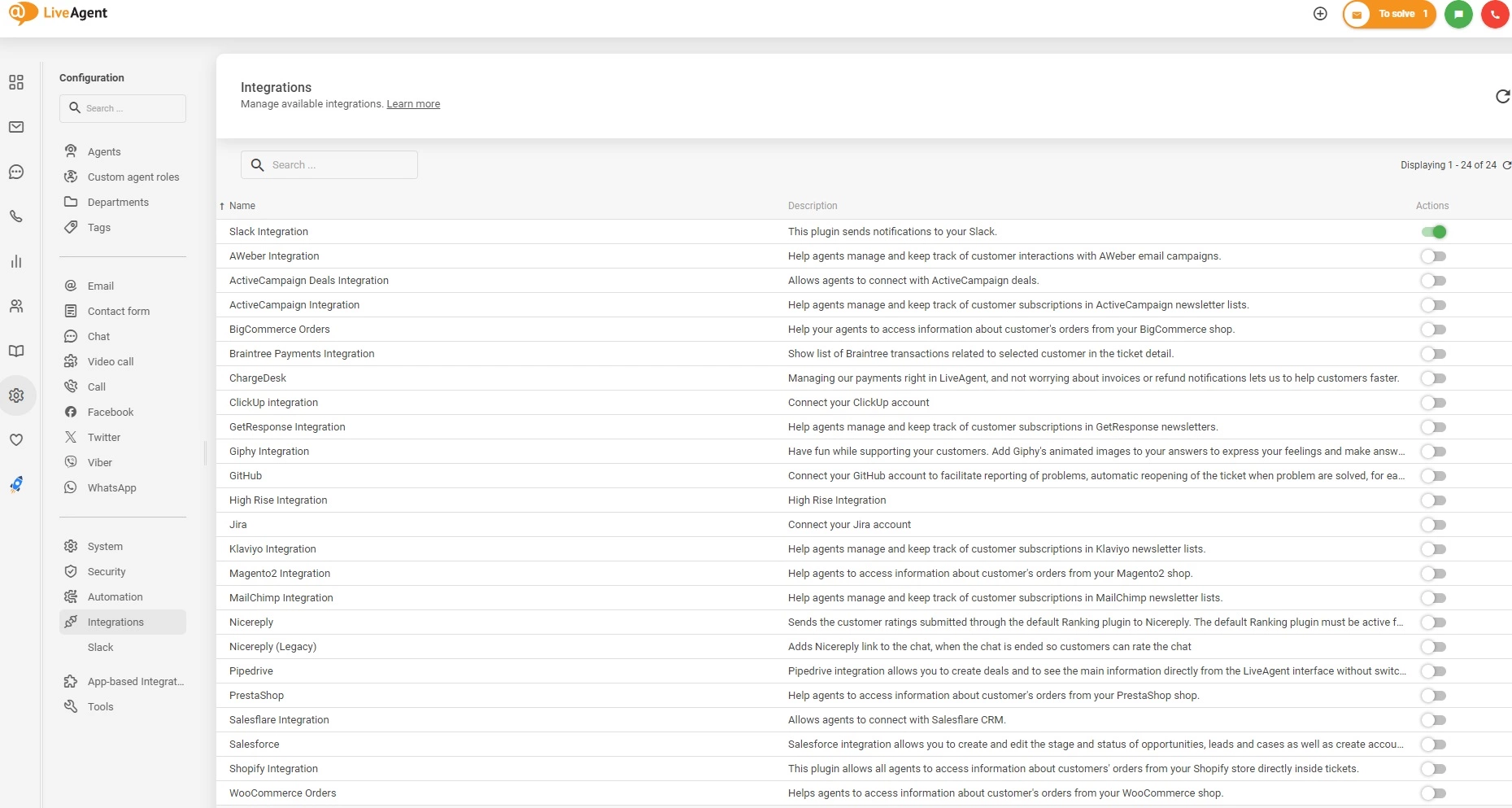 Активирайте интеграции в LiveAgent
