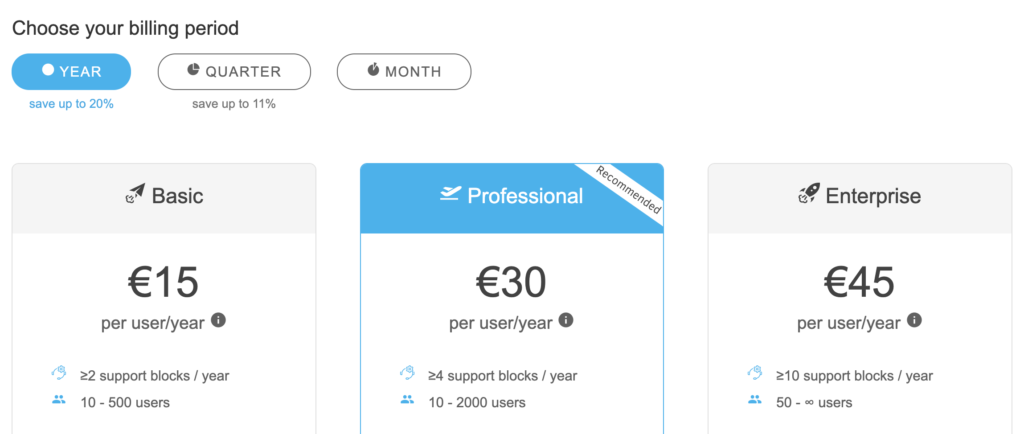 Налични опции за платени планове на Kopano на уебсайта