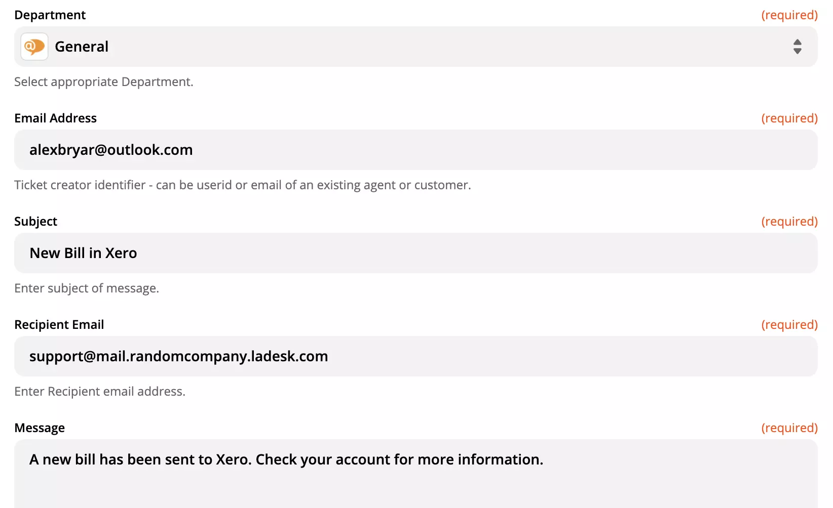 Опции за конфигурация на действие на LiveAgent на сайта на Zapier
