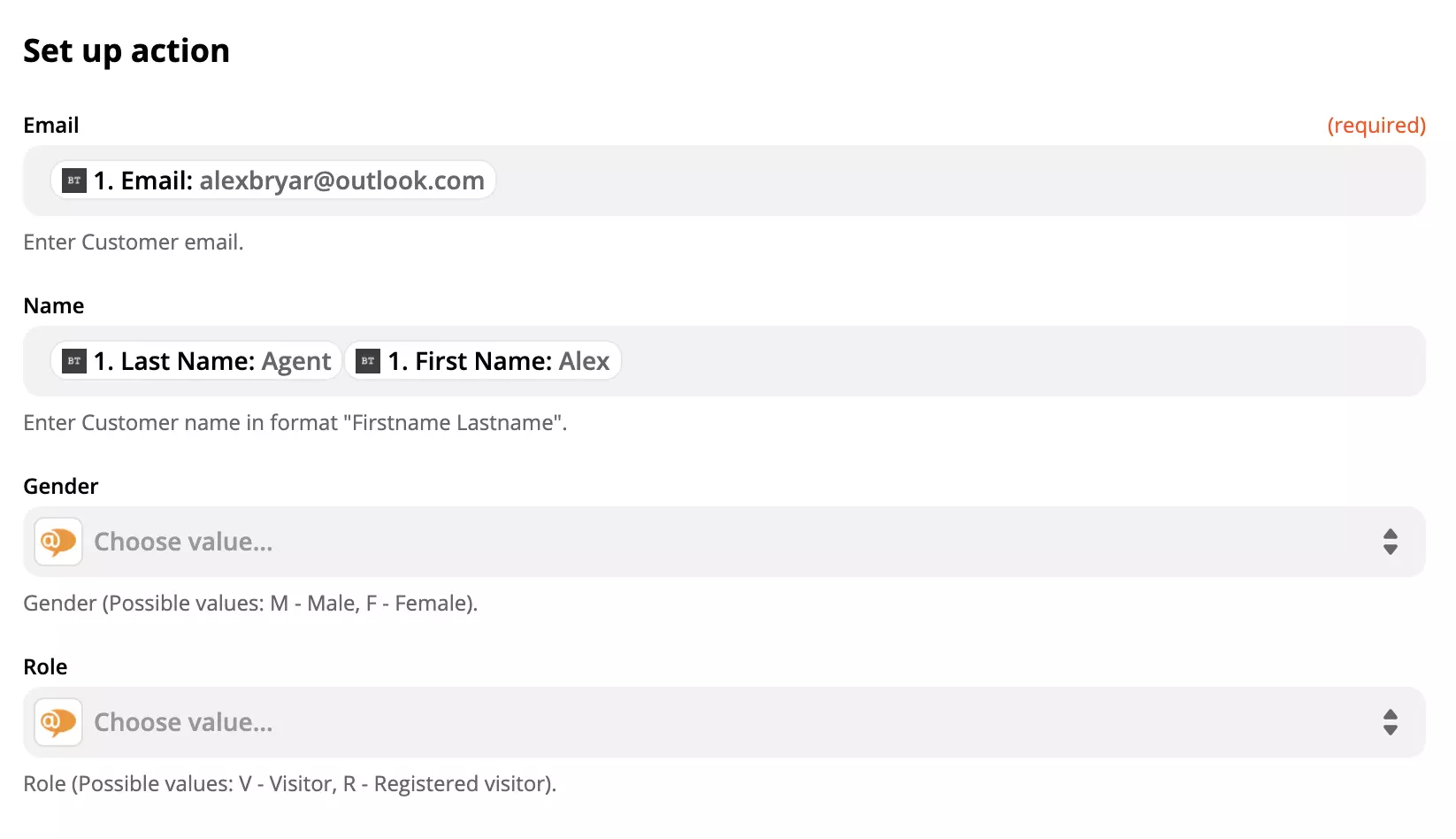 Конфигурация на действието на LiveAgent с данни в полетата на Zapier