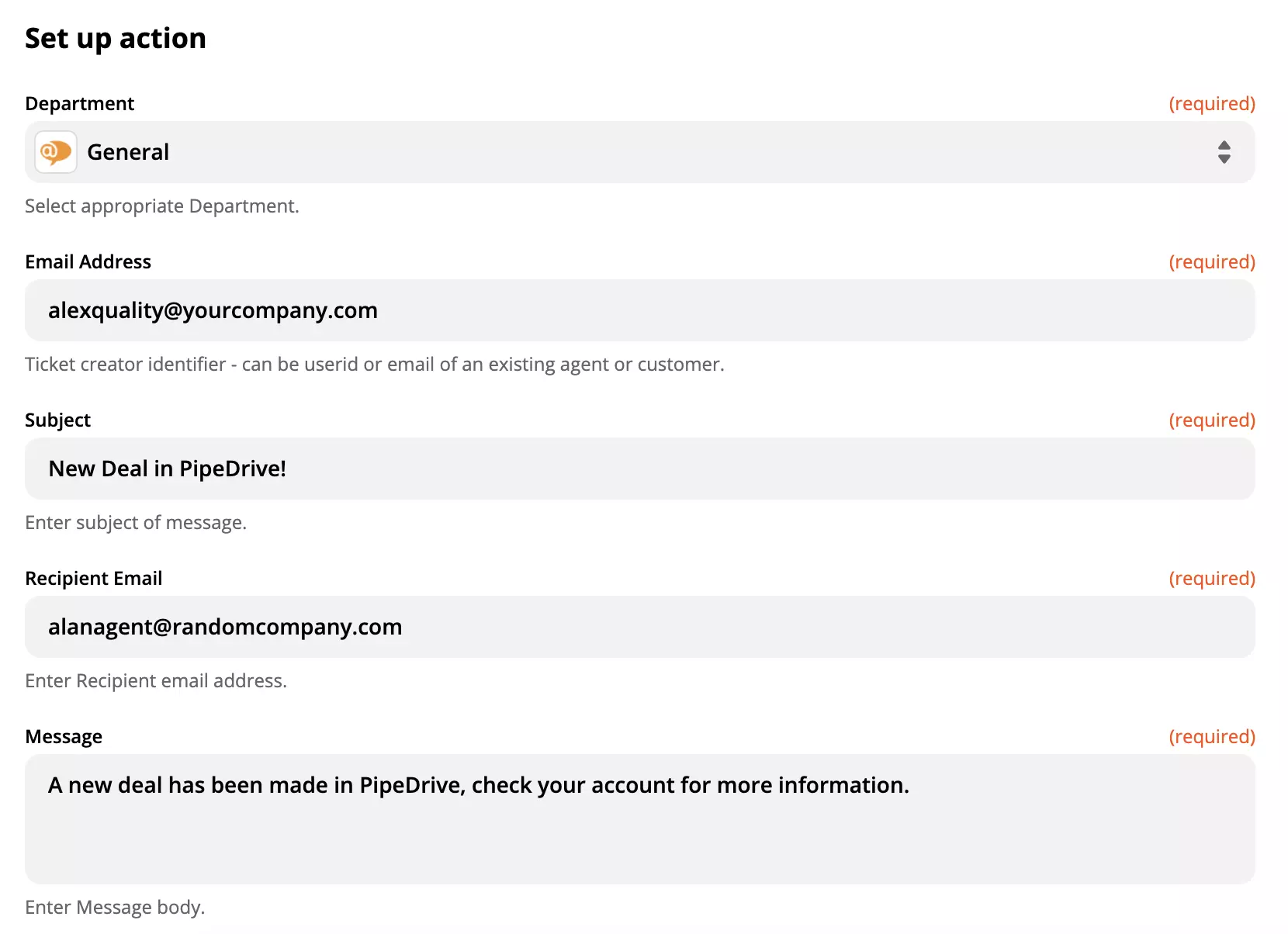 Настройка на действието на LiveAgent в процеса на интеграция с PipeDrive в Zapier