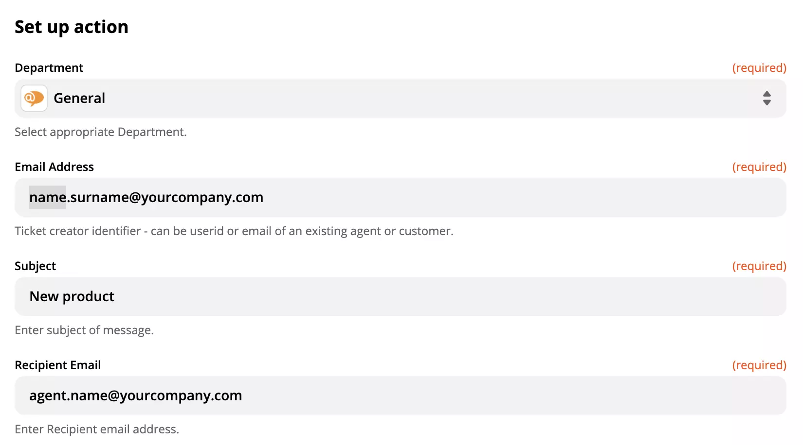 Настройка на действие на LiveAgent в интеграцията на Zapier