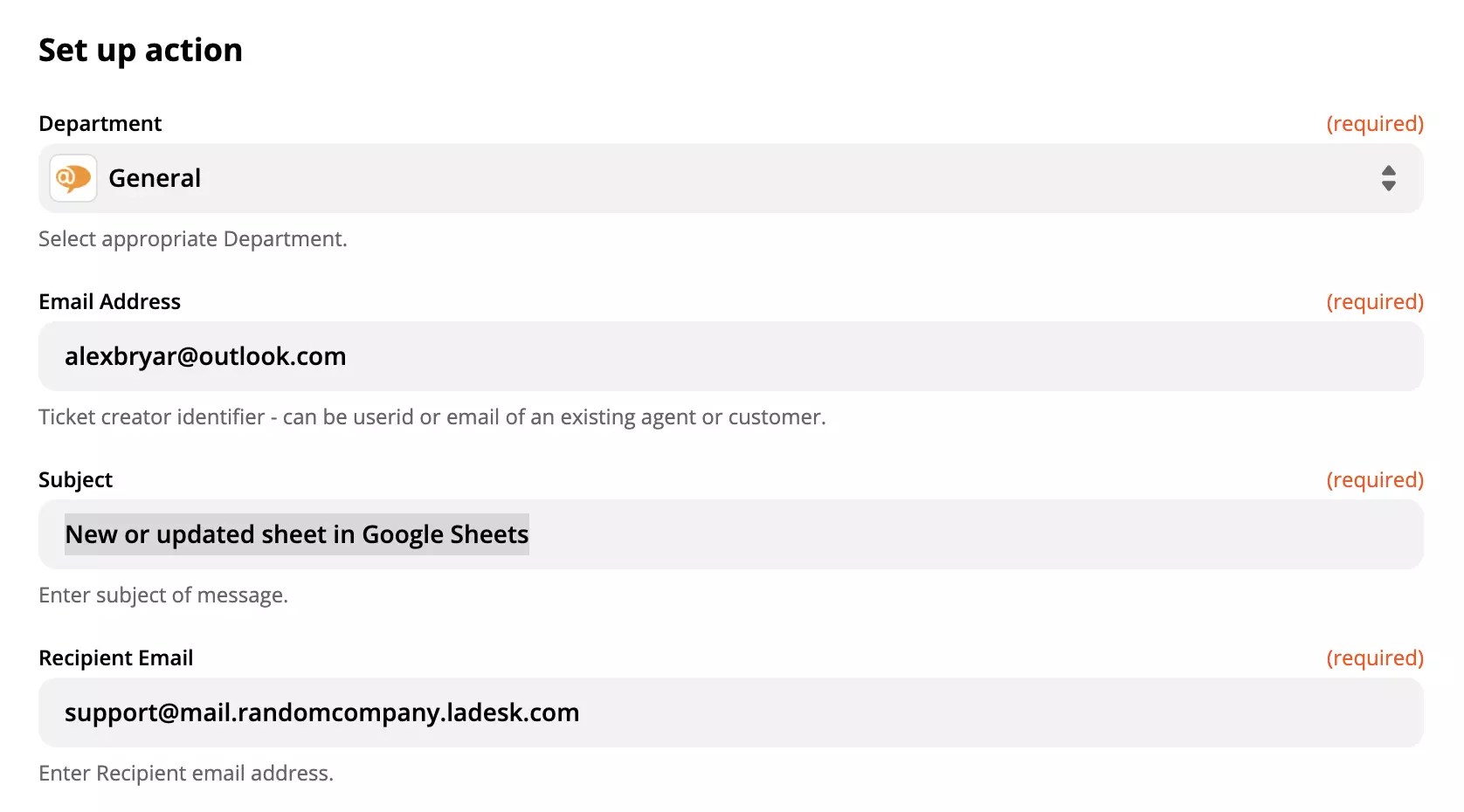 Настройка на действие в LiveAgent за интеграция с Google Sheets