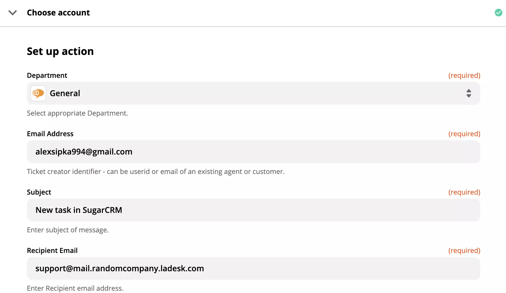 Настройка на действие на LiveAgent на Zapier