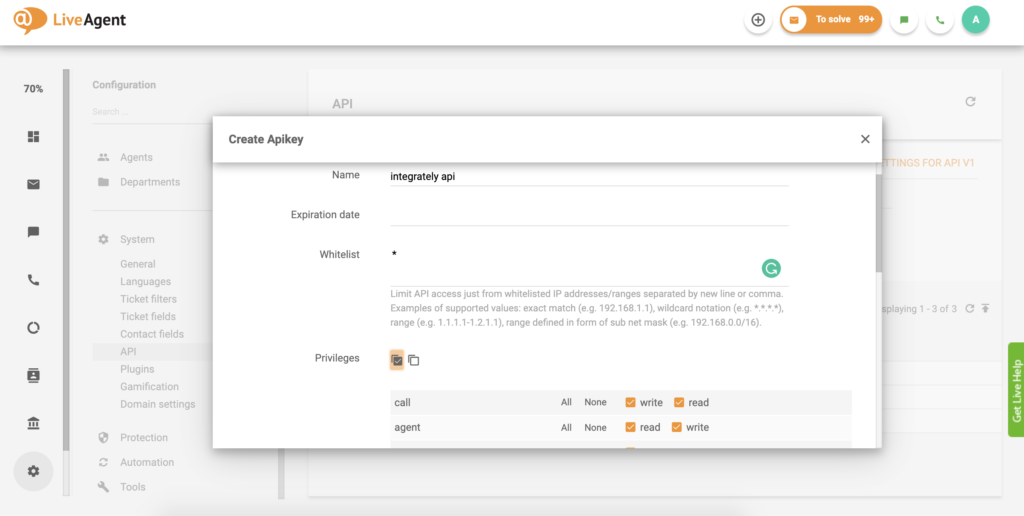 Настройка на API ключ в LiveAgent