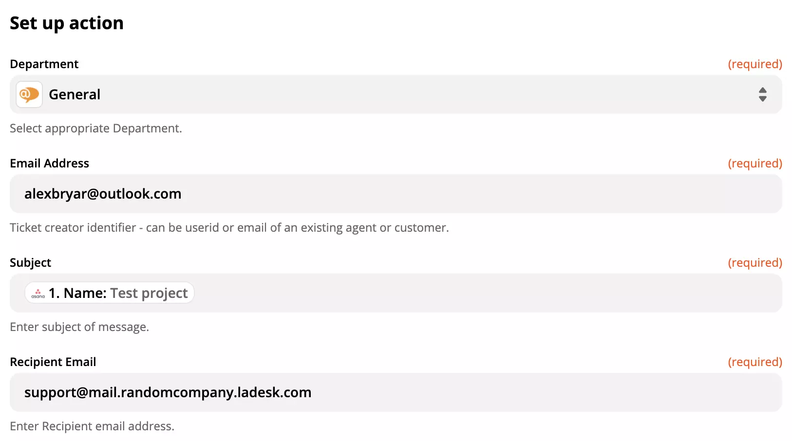Настройка на действието на LiveAgent в интеграцията на Asana на Zapier