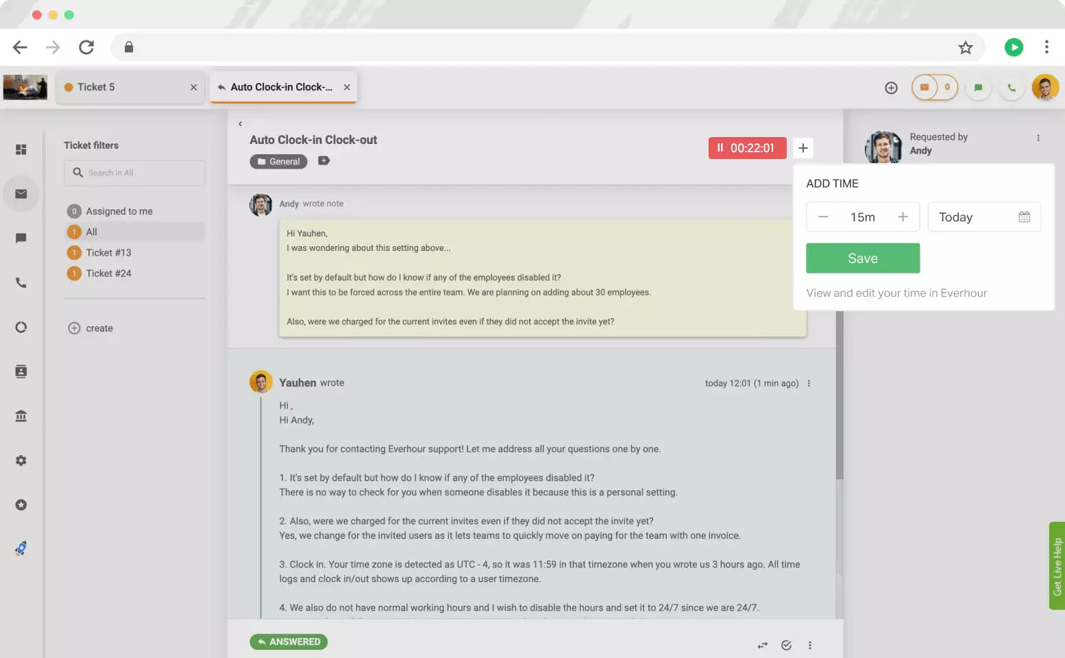 Everhour контроли в LiveAgent