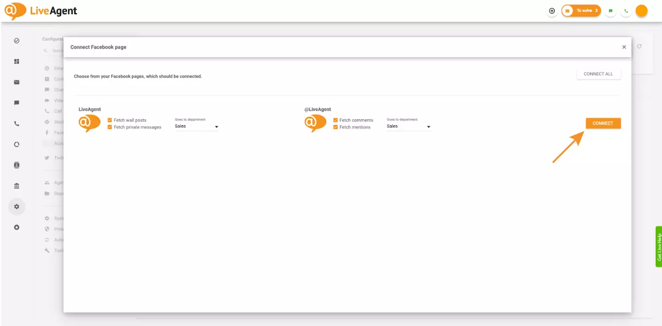 Checking boxes in settings that allow LiveAgent to fetch comments and mentions