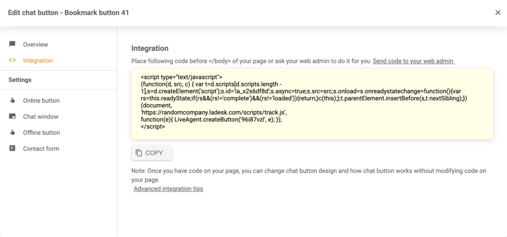 Генериран код за интеграция на бутон за чат в LiveAgent
