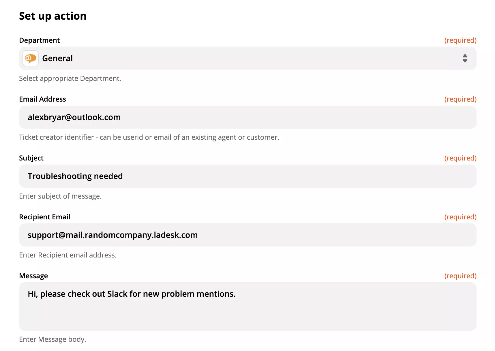 Попълнена конфигурация на действие на LiveAgent