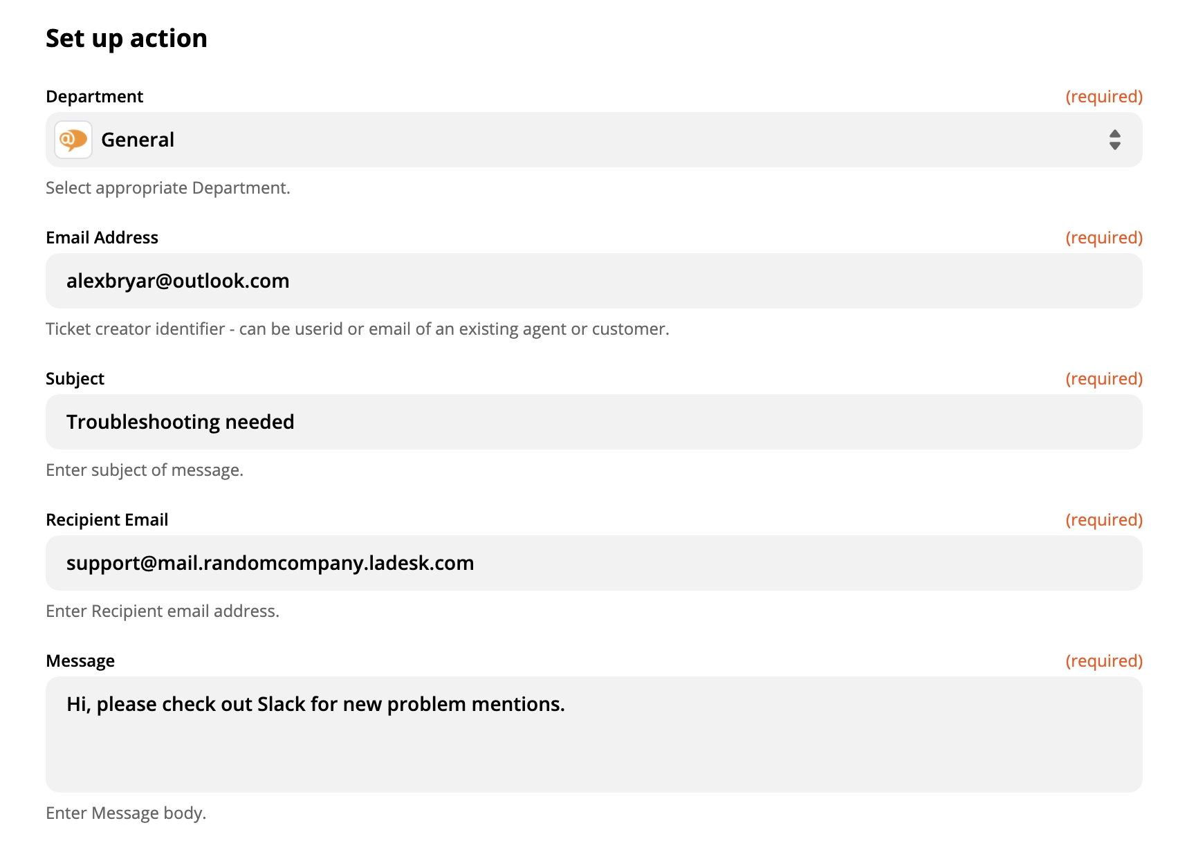 Демонстрация на настройка на действие на LiveAgent на Zapier