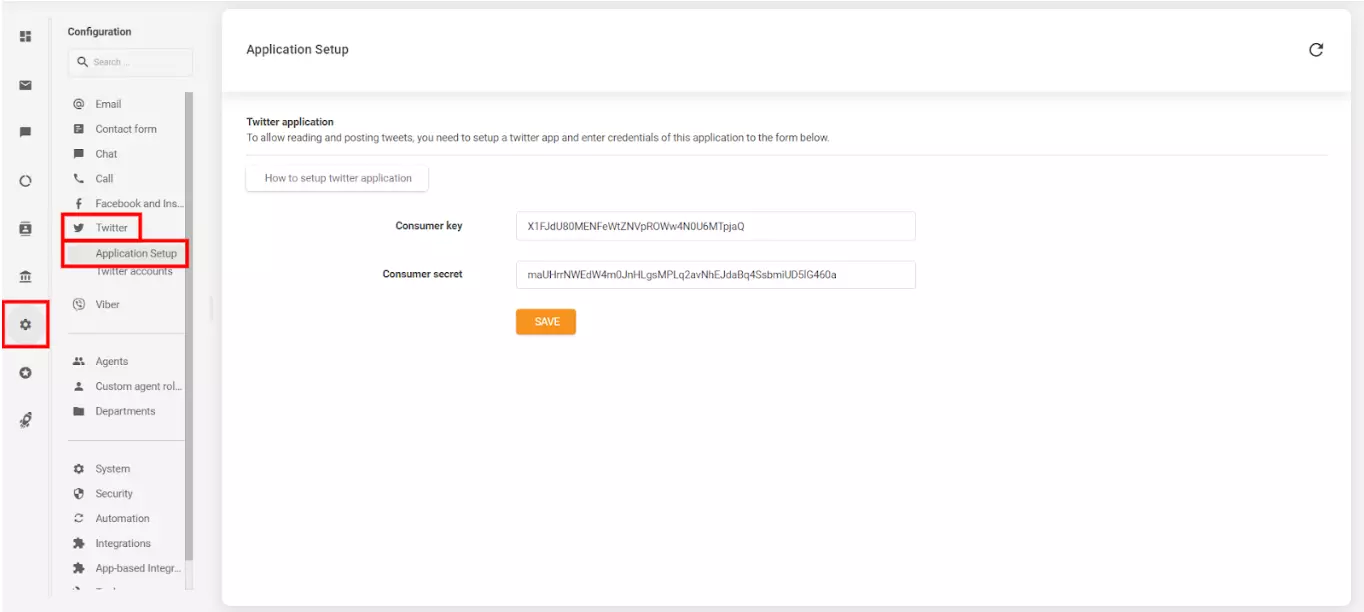 Image shows where and how to connect your LiveAgent account with your created Twitter (X) account
