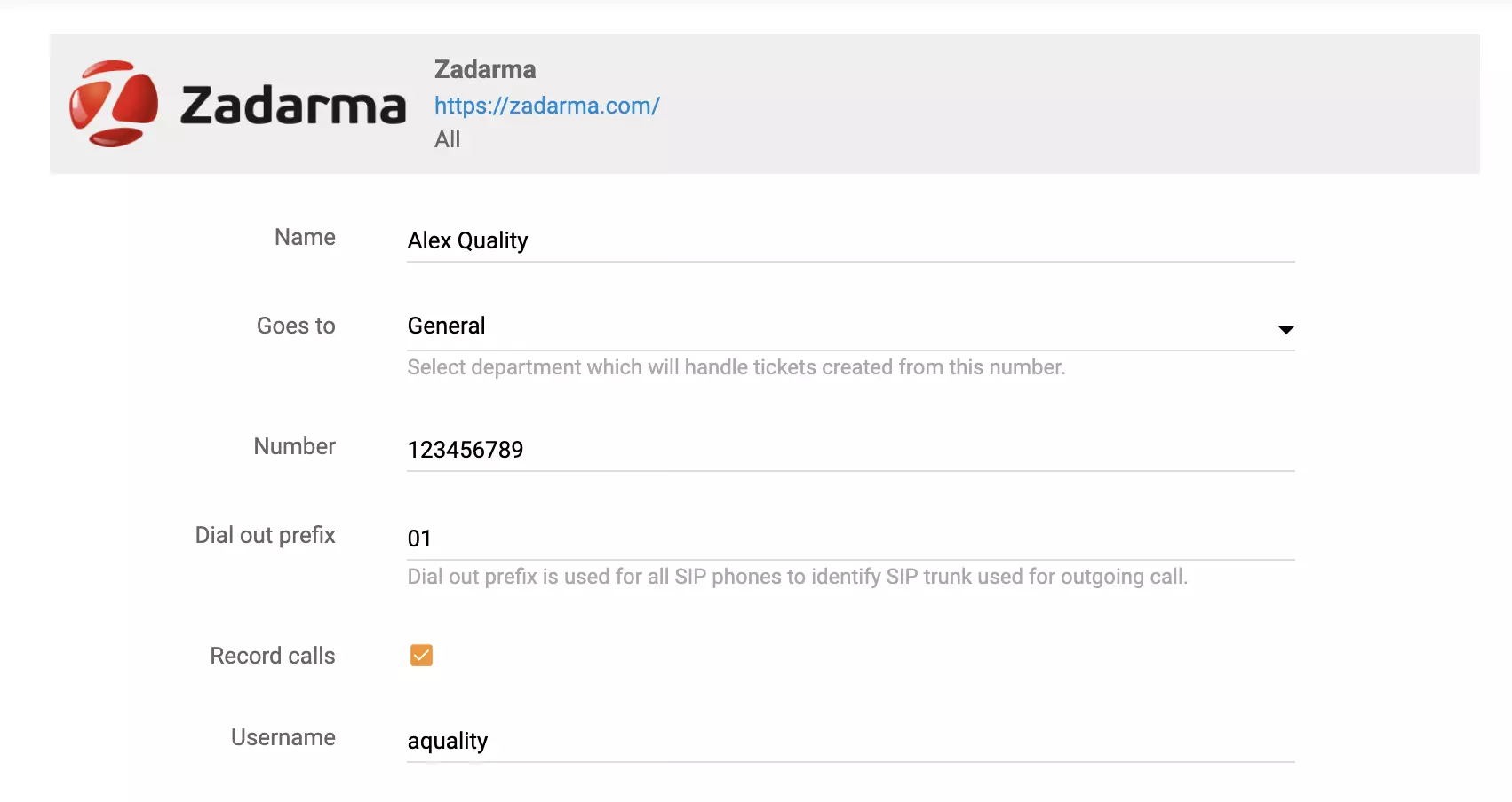 Опции за настройка на разговор на Zadarma в LiveAgent