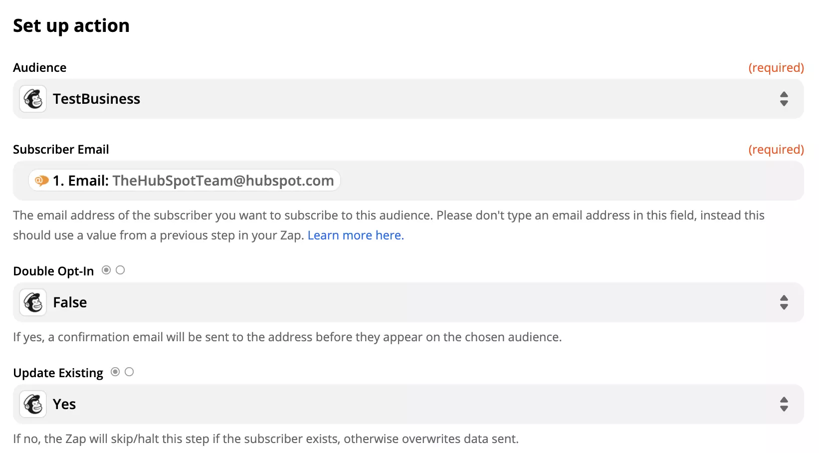 Настройка на действието на Mailchimp