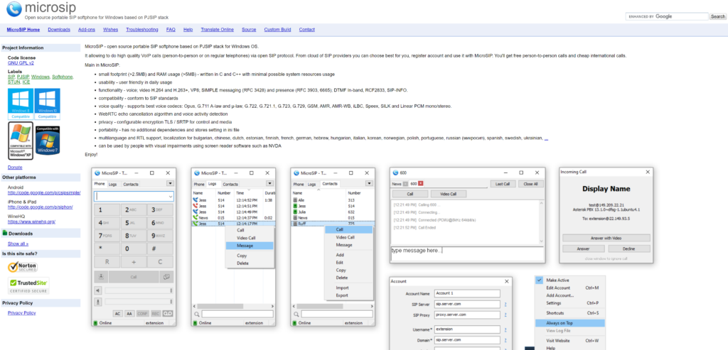 MicroSIP начална страница