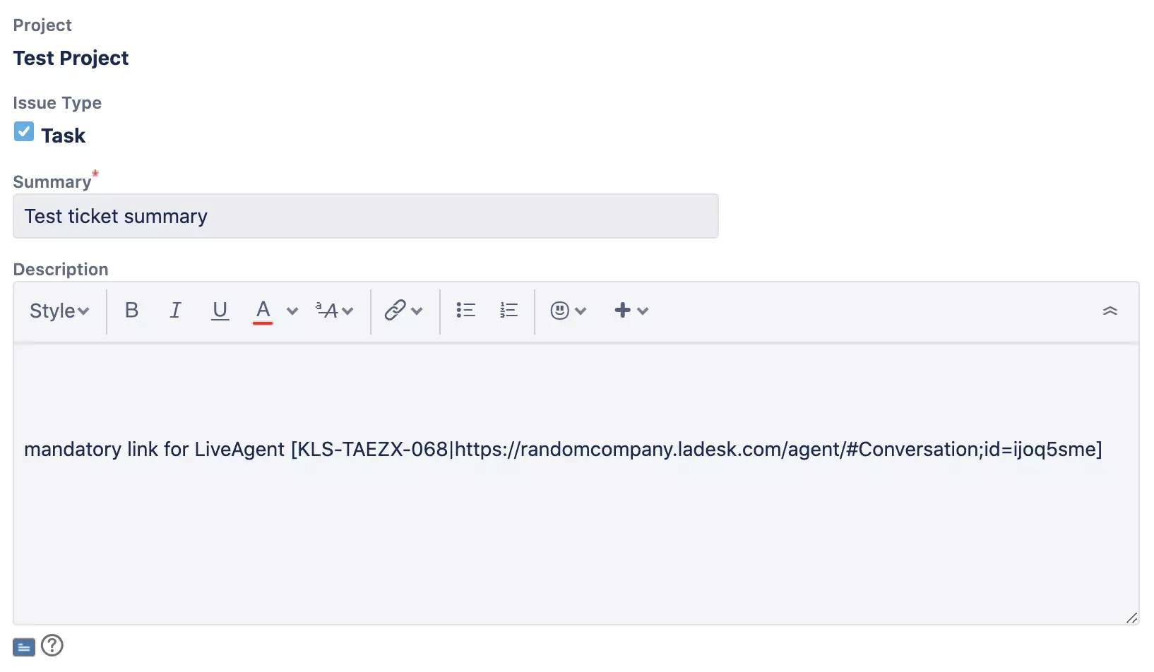 Ново прозорче на Jira със създаване и описание на новия проблем