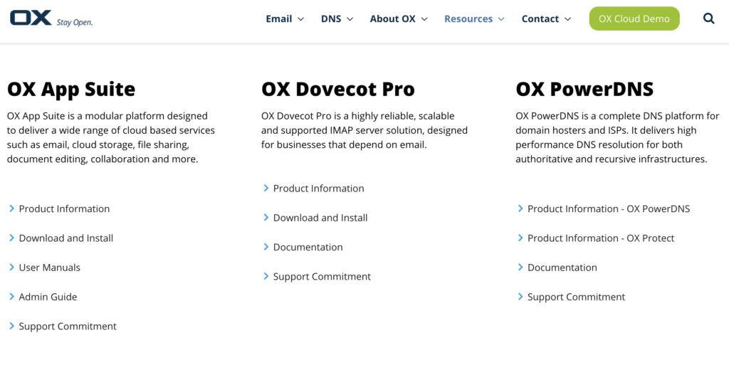 Уебсайт на Open-Xchange с опции за изтегляне и ръководства