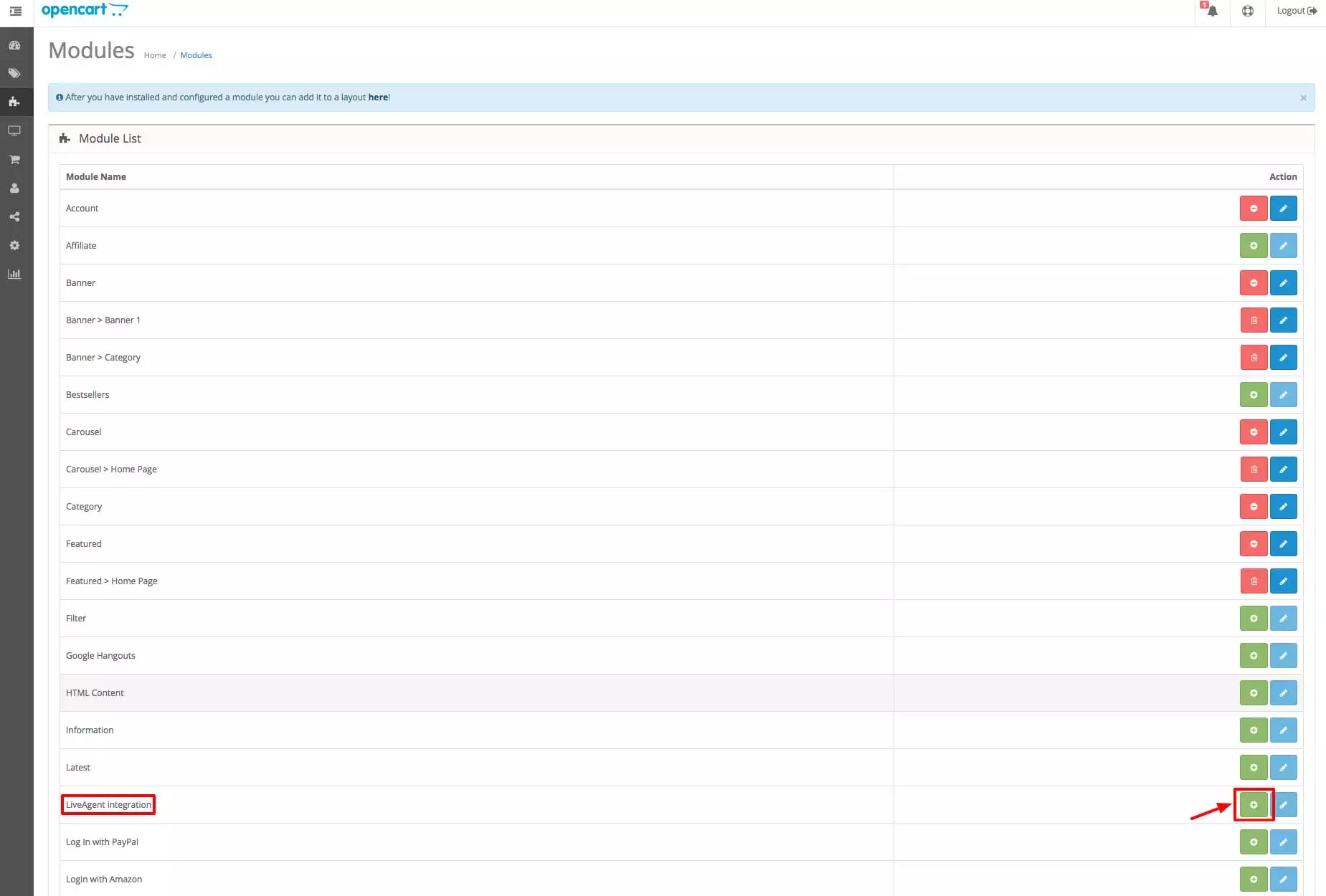 OpenCart LiveAgent интеграция - Раздел Modules