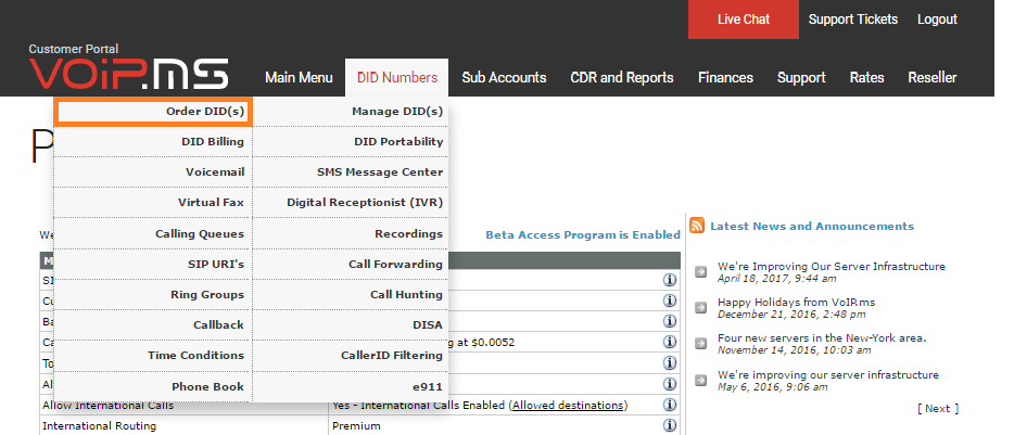 DID номера раздел в VoIP.ms