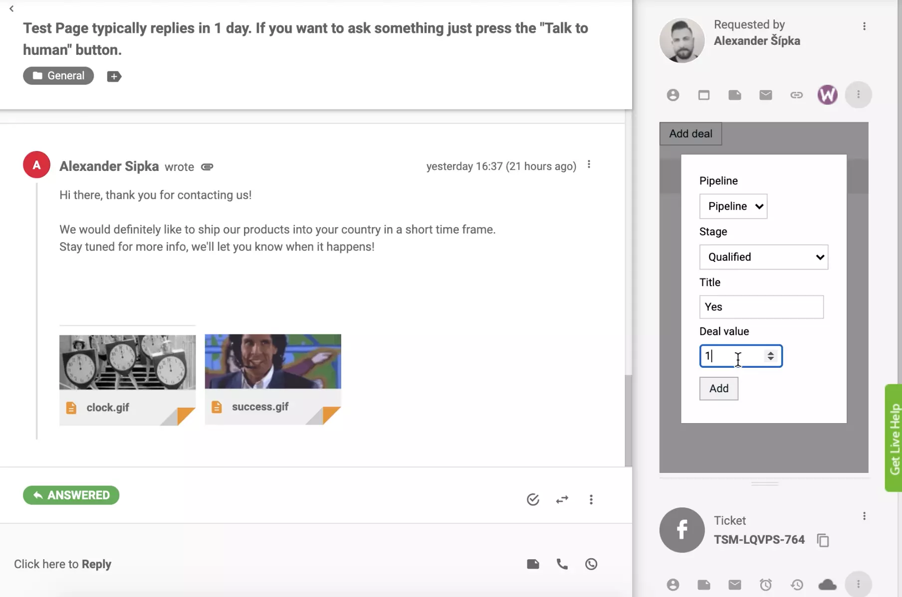 Добавете сделка с интеграцията на PipeDrive CRM в изгледа на билета на LiveAgent