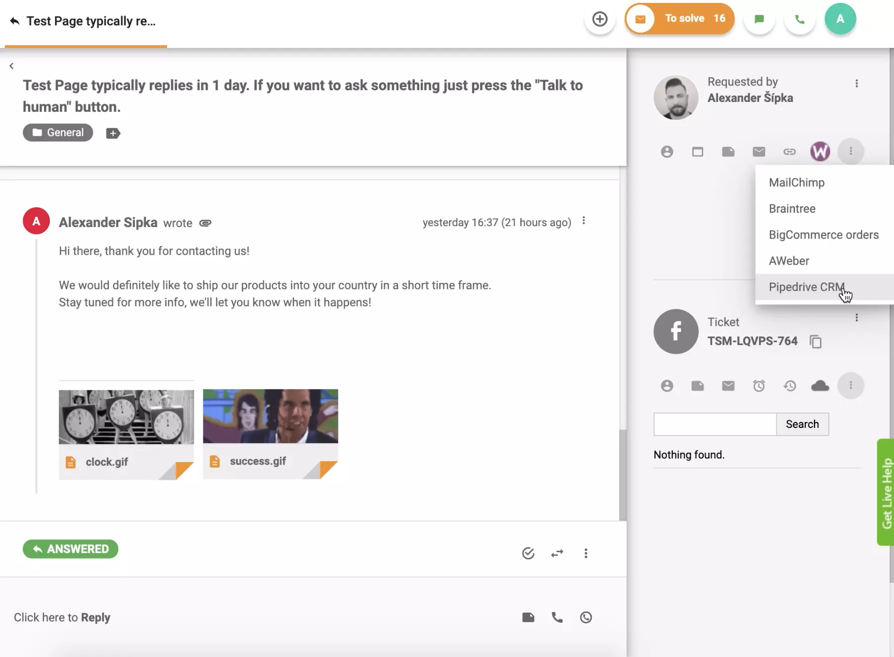 PipeDrive CRM е активен в изгледа на билета на LiveAgent
