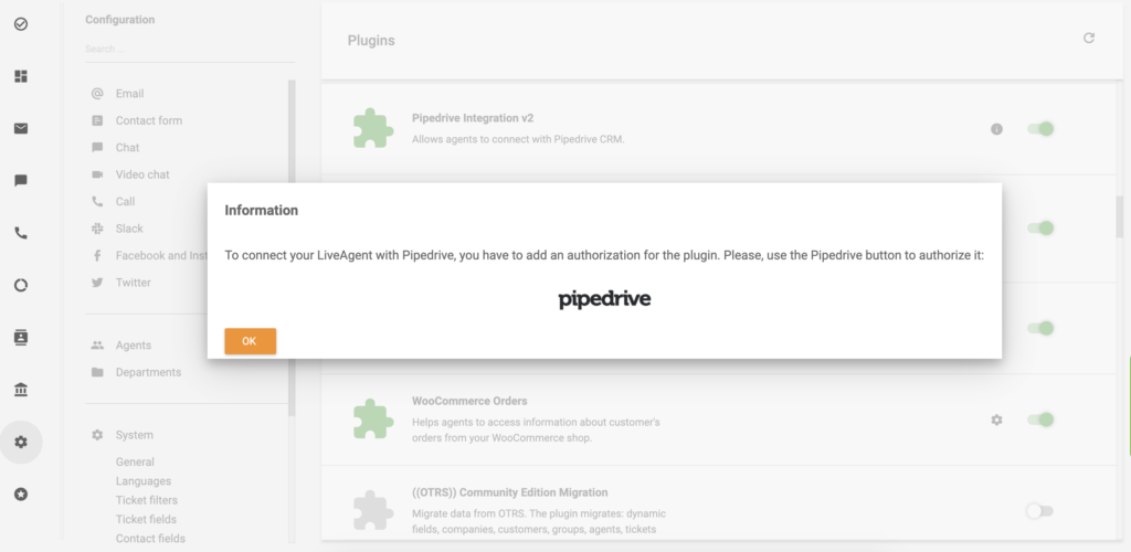 Щракнете на иконата на PipeDrive, за да продължите с интеграцията на PipeDrive за LiveAgent