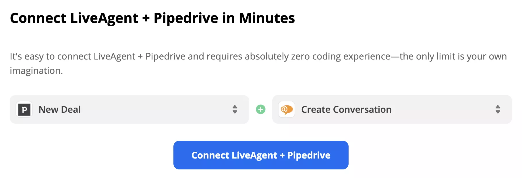 Спусък на PipeDrive и действие на LiveAgent, избрани в Zapier