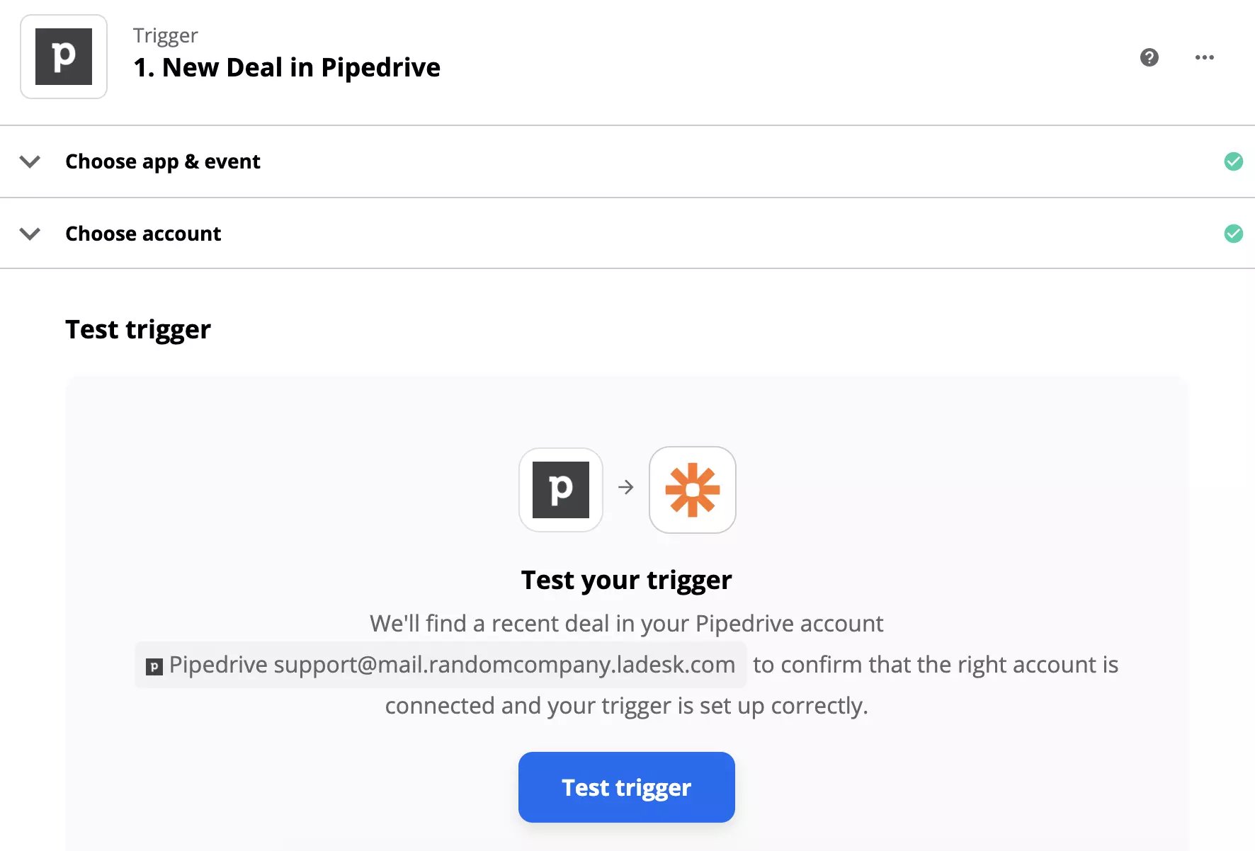 Тест на спусък на PipeDrive след настройка на спусъка в Zapier