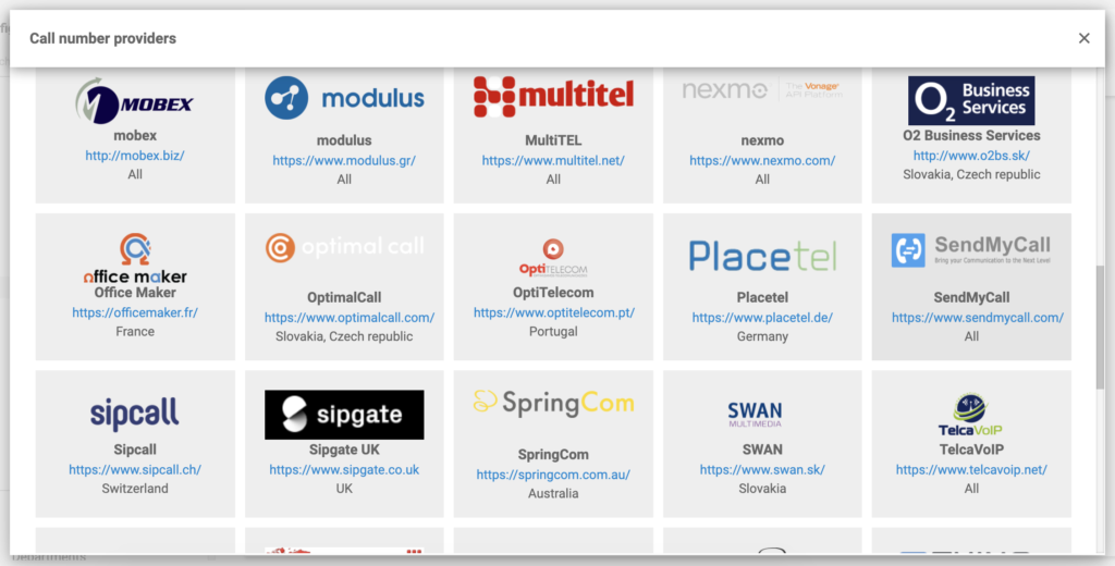 SendMyCall в списъка с VoIP доставчици в конфигурацията на LiveAgent