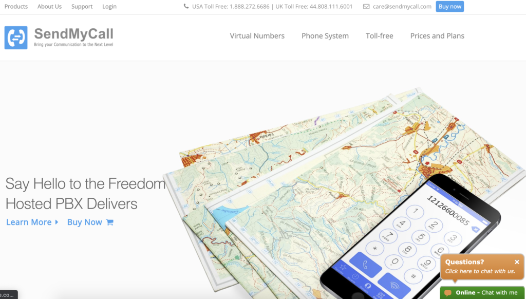 Начална страница на SendMyCall с бутон Buy now в горния десен ъгъл