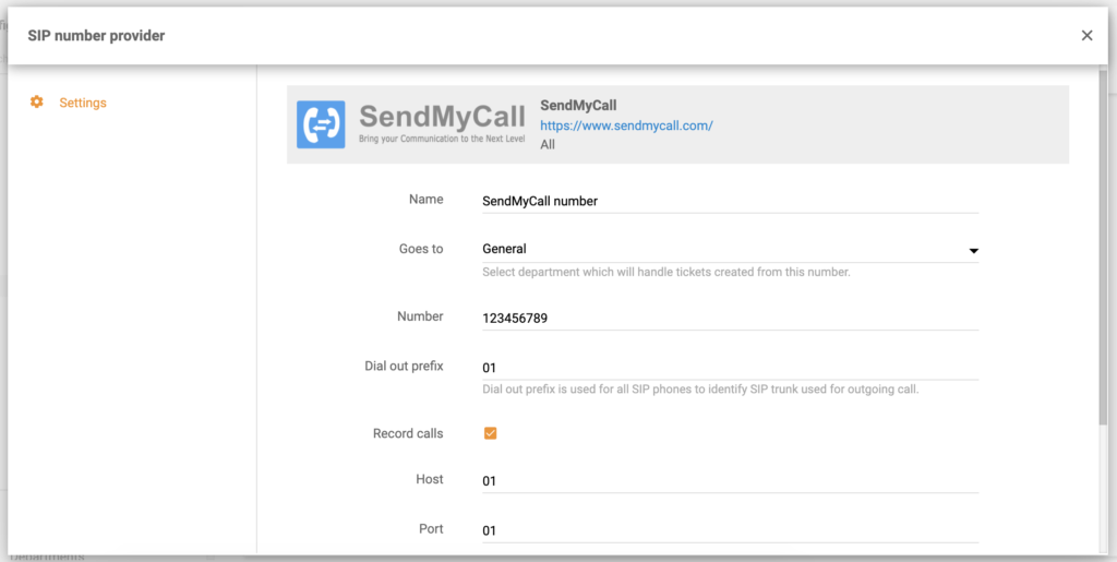 Конфигуриране на номер от SendMyCall в LiveAgent
