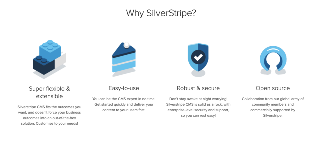 Silverstripe начална страница със списък на функциите