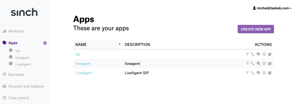 Sinch settings with the option to create a new app