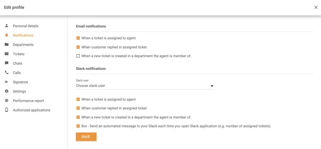 Опциите за Slack известувания в раздела Редактирай профил