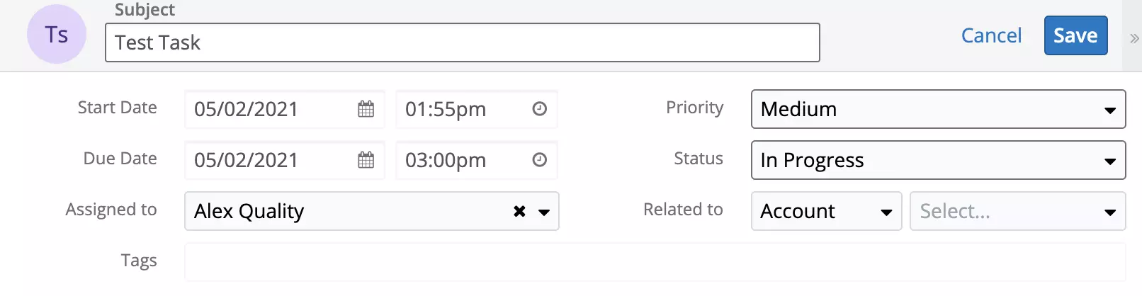 Нова задача е създадена в SugarCRM