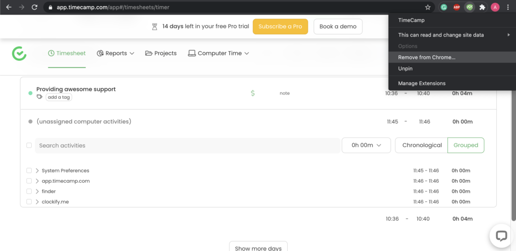 Опции на плъгина Timecamp в Google Chrome