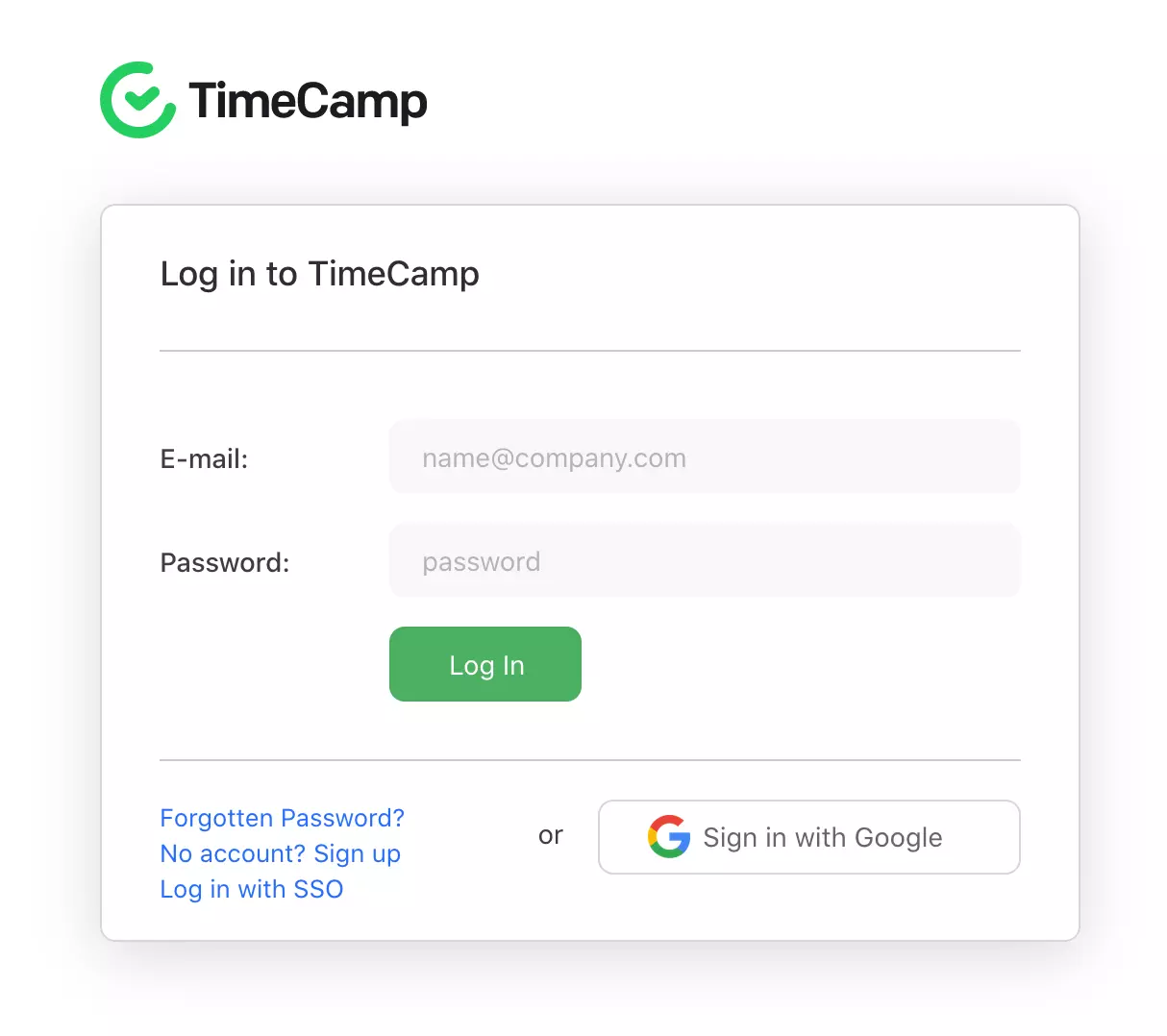 Страница за вход на TimeCamp