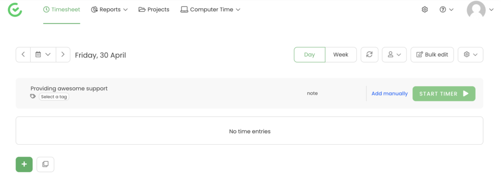 Избор на проект TimeCamp с начало на таймер