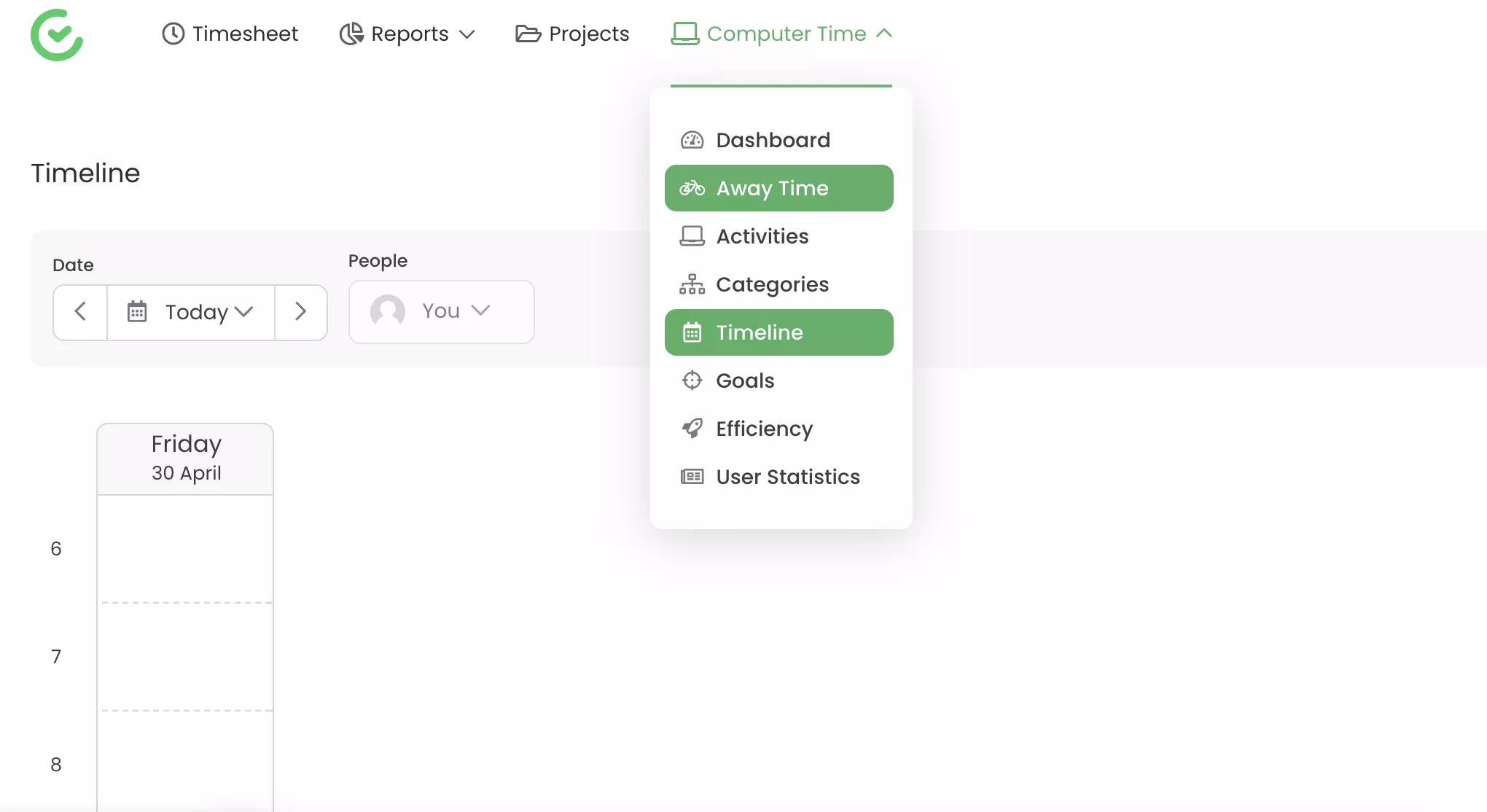 Възможности за проследяване, като време отсъствие и времева линия, видими в TimeCamp