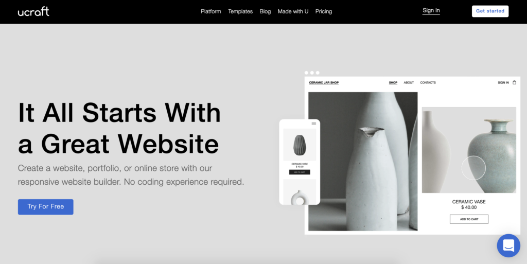 Начална страница на Ucraft с бутон Get Started в горния десен ъгъл