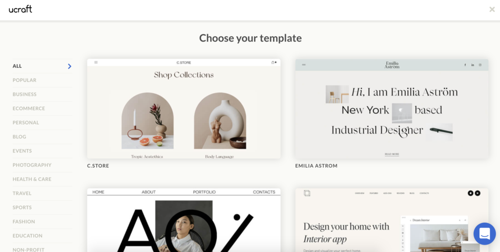 Екран за избор на шаблон на Ucraft с множество опции за шаблони