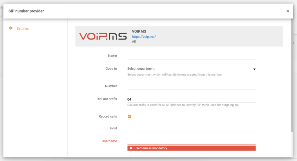 VoIP.ms конфигурация в LiveAgent настройки на повиквания