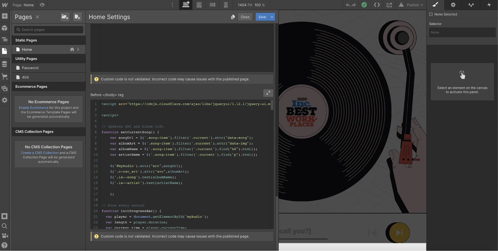 Опция за персонализиран код на Webflow в процеса на интеграция на LiveAgent
