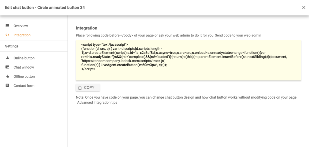Код на чат бутон след успешна конфигурация в LiveAgent