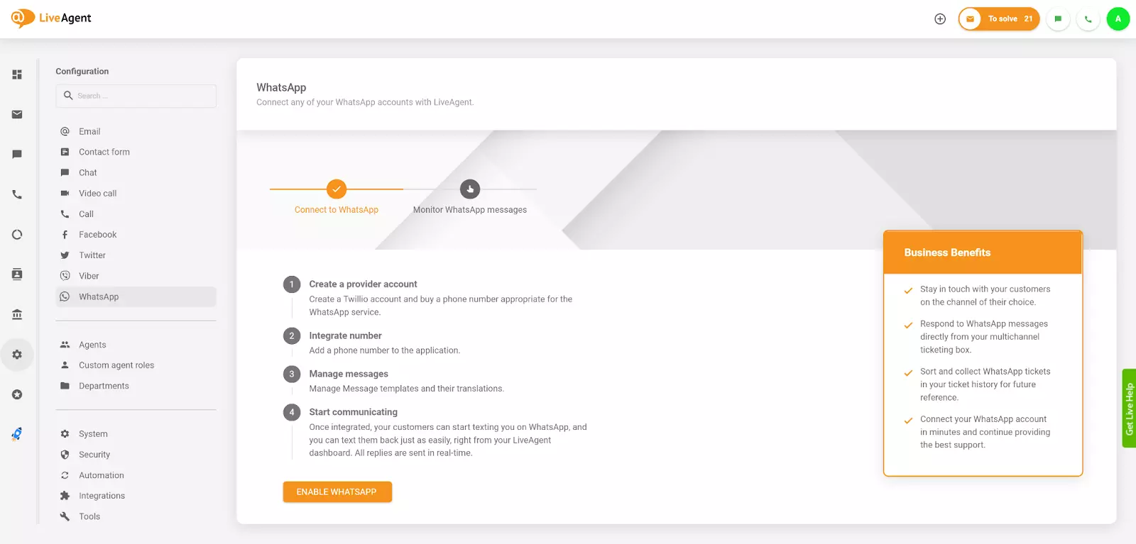 WhatsApp интеграция на LiveAgent