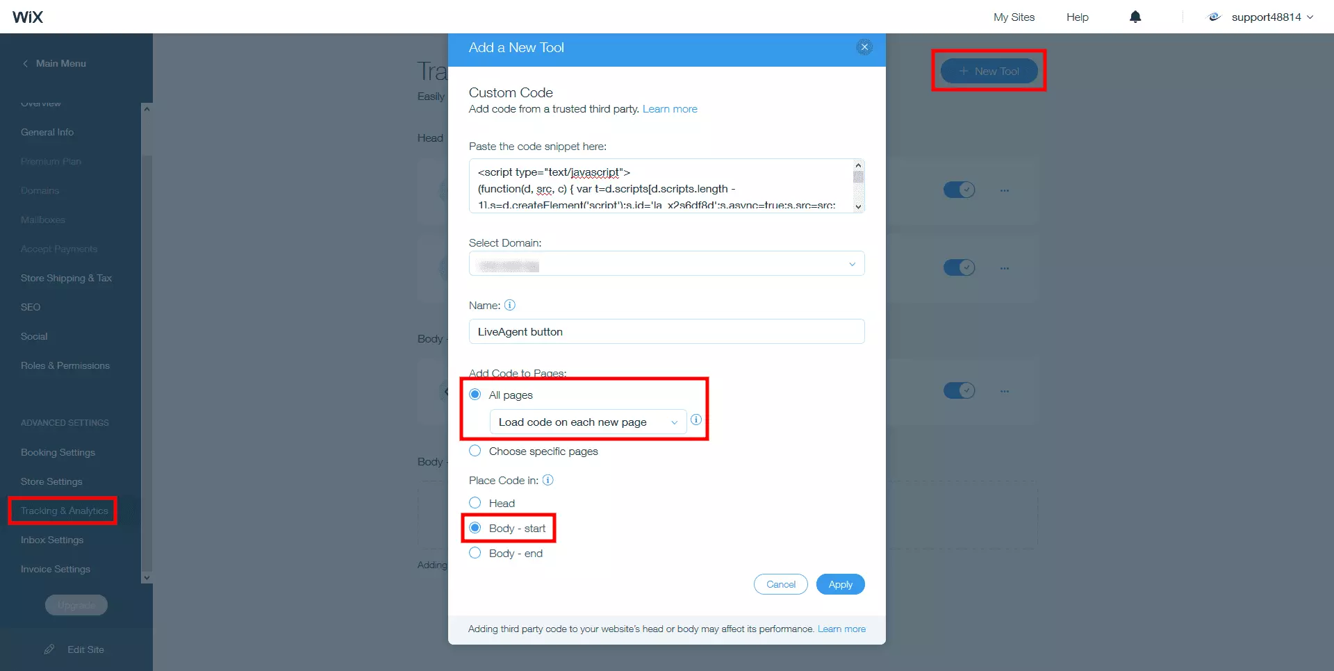 Поставете кода за чат на живо на LiveAgent в body на Wix сайта
