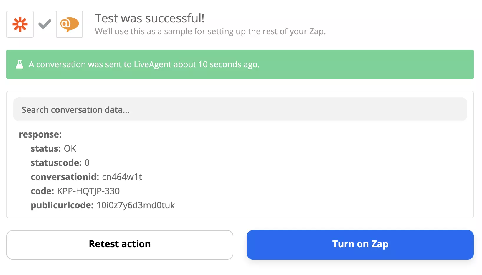 Успешен тест на интеграция на Xero и LiveAgent на Zapier